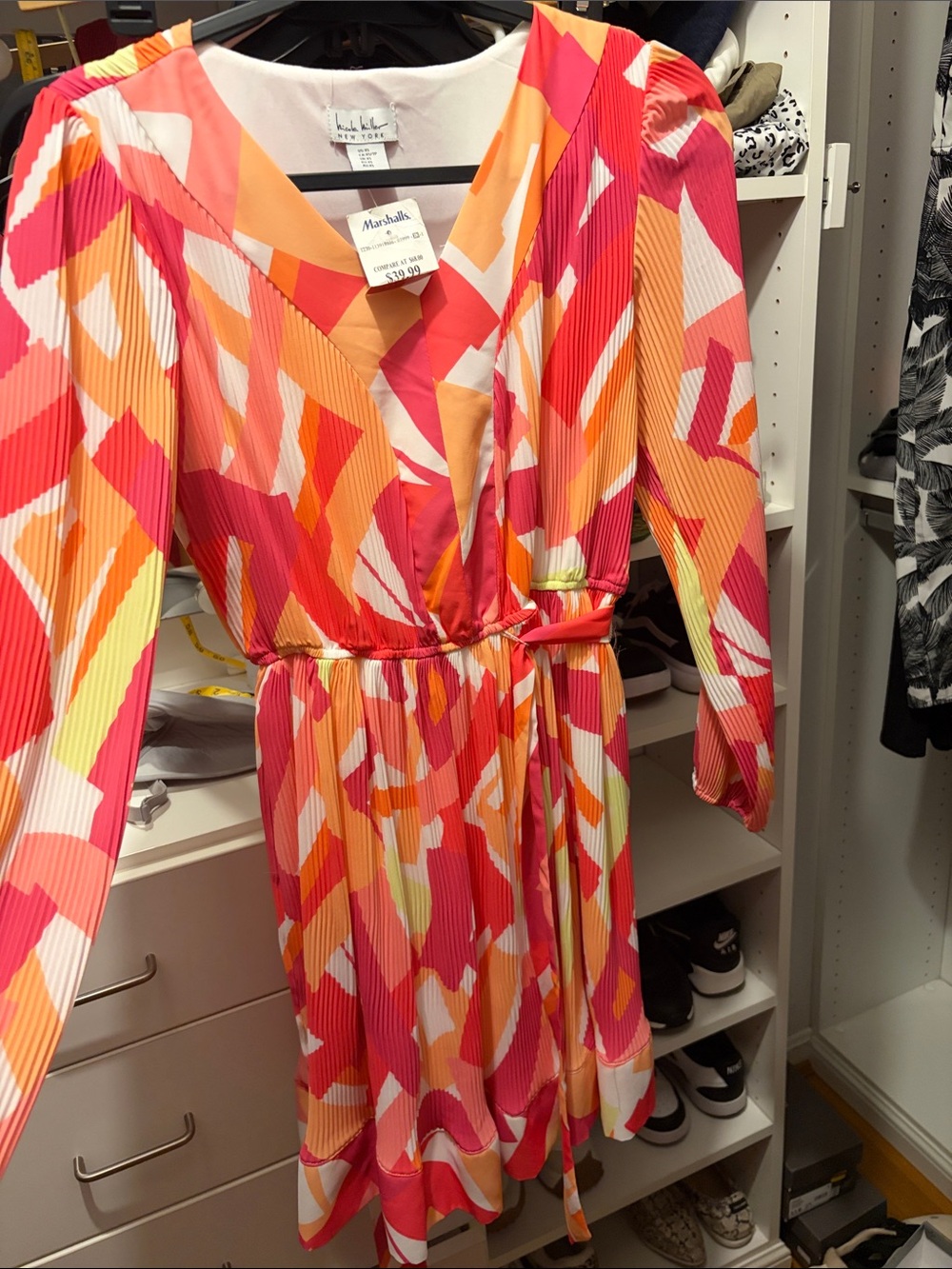 Nicole Miller Pink, Orange & White Abstract Pleated Wrap Dress